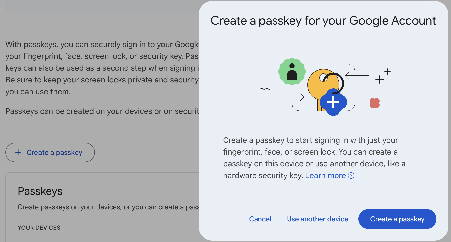 Google passkey creation screen showing roaming