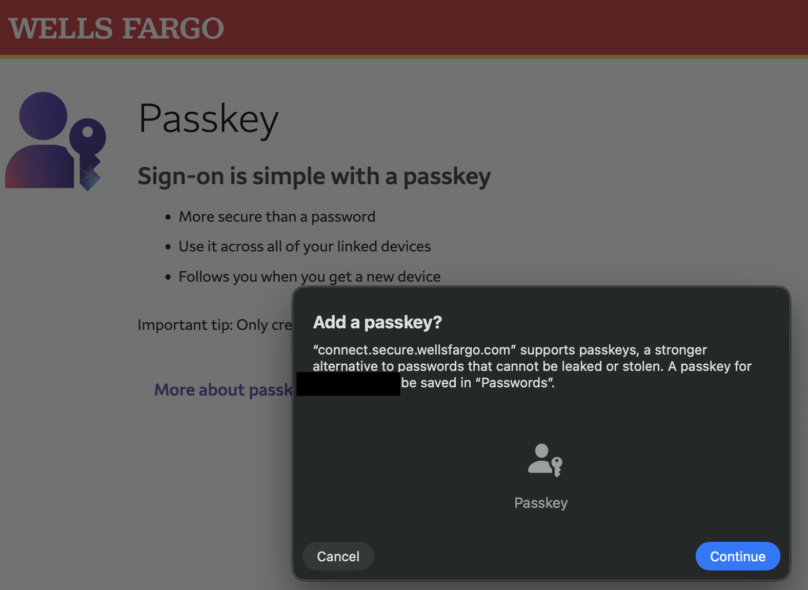 Wells Fargo passkey creation screen showing no roaming